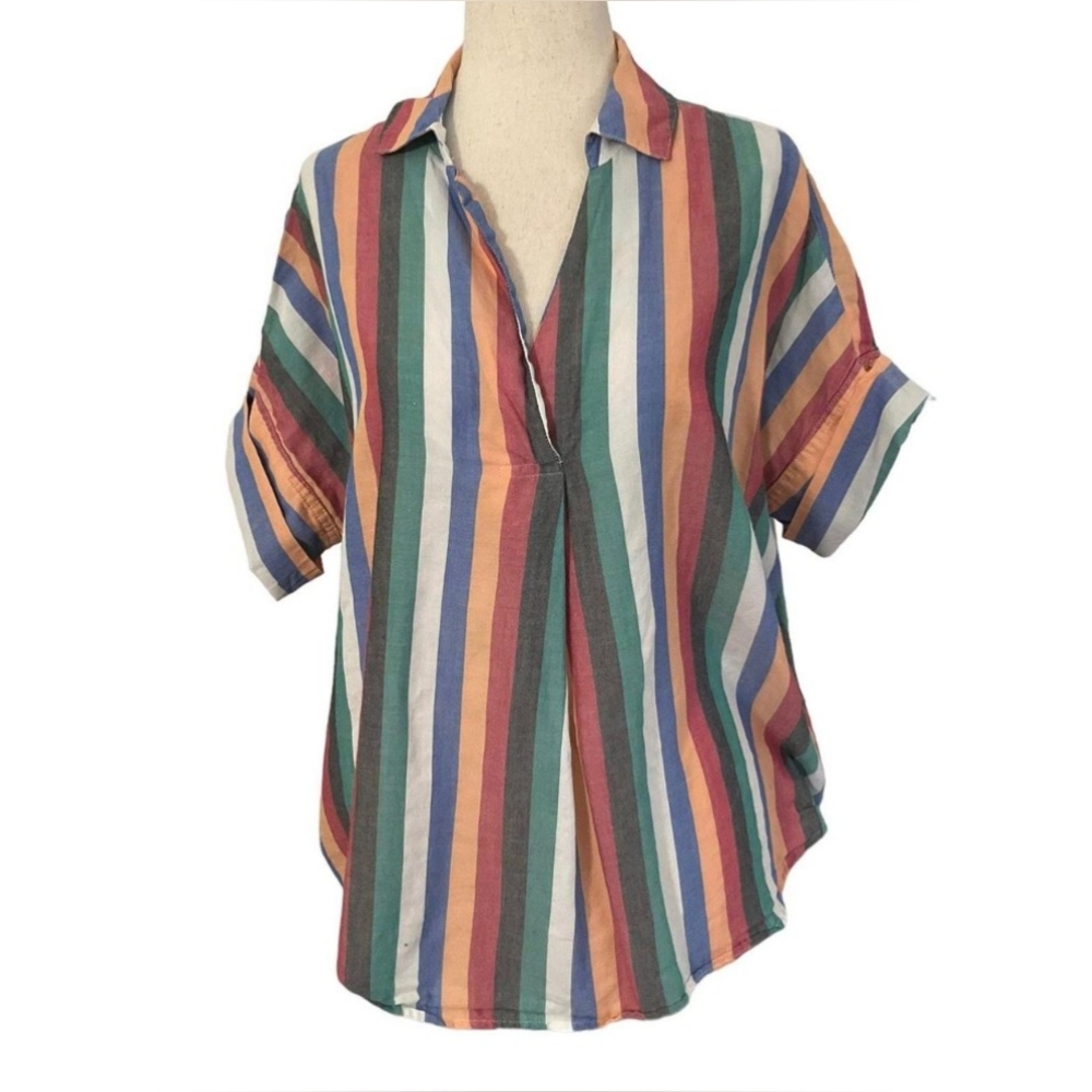 Madewell courier button back short sleeve top in festival stripe - size small
